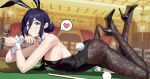  1girl absurdres animal_ear_hairband animal_ears ass ball billiard_ball billiard_table black_hair black_leotard blush breasts chainsaw_man commentary cup detached_collar drinking_glass fake_animal_ears fake_tail fishnet_pantyhose fishnets floral_print floral_print_pantyhose green_eyes haerge hair_bun hairband heart high-waist_pantyhose high_heels highleg highleg_leotard highres hooked_on_heel lace lace_pantyhose lace_pantyhose_hooked_on_heel_(meme) large_breasts leotard meme necktie on_table pantyhose pantyhose_tug playboy_bunny print_pantyhose rabbit_ear_hairband rabbit_ears rabbit_tail reze_(chainsaw_man) spoken_heart strapless strapless_leotard table tail wine_glass wrist_cuffs 