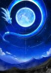  cloud commentary_request dragon dragonair flying full_moon head_wings highres horns moon mountain natu_a0z0ra night no_humans outdoors pokemon pokemon_(creature) pokemon_focus single_horn sky star_(sky) wings 