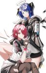  2girls absurdres arknights black_horns black_jacket blue_eyes blue_hair brown_gloves brown_pantyhose chinese_commentary closed_mouth commentary_request detached_wings english_commentary exusiai_(arknights) fingerless_gloves fur-trimmed_hood fur_trim gloves grey_halo hair_over_one_eye halo highres hood hood_down horns jacket madana_gege medium_hair mixed-language_commentary mostima_(arknights) multiple_girls one_eye_covered orange_eyes pantyhose pink_hair short_hair signature simple_background sitting smile standing traditional_halo w white_background white_jacket wings 