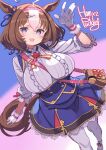  1girl ahoge animal_ears artist_name bag between_breasts breasts brown_hair commentary_request gloves highres horse_ears horse_girl horse_tail large_breasts looking_at_viewer meisho_doto_(turbulent_blue)_(umamusume) meisho_doto_(umamusume) multicolored_hair pantyhose puddinghomhom purple_eyes solo strap_between_breasts tail umamusume white_gloves 