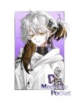  1other border brown_hair character_name chinese_commentary coat colored_eyelashes commentary_request goggles goggles_on_head grin highres id_card looking_at_viewer medicine_pocket medium_hair multicolored_hair outside_border ponytail purple_background qingniao-baige reverse:1999 short_ponytail smile two-tone_hair upper_body white_border white_coat white_hair yellow_eyes 