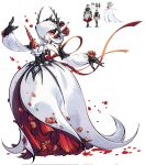  1girl alternate_color alternate_shiny_pokemon arms_up bare_shoulders black_corset black_gloves bob_cut chinese_commentary closed_mouth colored_skin commentary_request corrupted_twitter_file corset dancing detached_sleeves dress english_commentary flower fukuzawa2002 full_body fusion gardevoir gloves hair_over_one_eye happy headpiece highres lala_barina_(monster_hunter_wilds) long_dress long_sleeves looking_afar mega_gardevoir mega_pokemon mixed-language_commentary monster_hunter_(series) monster_hunter_wilds official_art_inset one_eye_covered petals pokemon red_eyes red_flower red_ribbon red_rose reference_inset ribbon rose short_hair simple_background smile solo standing strapless strapless_dress white_background white_dress white_flower white_hair white_rose white_skin white_sleeves 