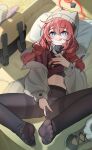  1girl :q absurdres backpack bag beanie black_pantyhose blue_archive blue_eyes braid chinese_commentary commentary_request crotch_seam dildo grey_hat grey_jacket hair_between_eyes halo hat highres indoors jacket licking_lips long_hair long_sleeves looking_at_viewer lying maki_(blue_archive) maki_(camp)_(blue_archive) midriff navel no_pants official_alternate_costume official_alternate_hairstyle on_back open_clothes open_jacket panties panties_under_pantyhose pantyhose red_hair red_halo red_sweater sex_toy shoes smile solo sweater thighband_pantyhose tongue tongue_out twin_braids underwear unworn_shoes v_over_crotch vibrator white_panties xiamu_chiyu 