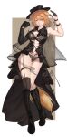  1girl absurdres animal_ears arknights arms_up asymmetrical_gloves bang_dream! bang_dream!_it's_mygo!!!!! bare_shoulders black_boots black_bra black_gloves black_hat black_panties black_sleeves black_thighhighs blonde_hair boots border bra breasts brown_background chinese_commentary cleavage commentary_request commission detached_sleeves gloves hair_ornament hairclip half_gloves hat highres knee_boots lace lace-up_boots lace_bra lace_panties long_sleeves medium_breasts mikon_sama misumi_uika misumi_uika_(caged_singer) official_alternate_costume outside_border panties parted_lips pixiv_commission purple_eyes short_hair simple_background single_detached_sleeve single_half_glove single_thighhigh skindentation solo tail thighhighs torn_clothes underwear uneven_gloves white_border yellow_tail 