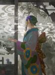  1boy aqua_kimono back_bow bandana blonde_hair bow commentary_request driftwoodwolf japanese_clothes kimono kusuriuri_(mononoke) male_focus mononoke obi obi_bow pointy_ears print_bow print_kimono purple_bandana sash shouji sidelocks sliding_doors solo 
