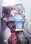  2girls arms_around_neck blue_shirt blush closed_eyes french_kiss grey_hair grey_skirt highres iris_wen kiss long_hair looking_at_another love_curse:_find_your_soulmate multicolored_hair multiple_girls pink_eyes pink_skirt pink_streaks purple_hair purple_shirt selene_yan shirt skirt streaked_hair sweat tima yuri 