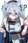  1girl ? absurdres ahoge animal_ears arknights bare_shoulders belt beret blue_background blue_hat blue_jacket border bracelet breasts cat_ears cat_girl closed_mouth commentary_request extra_ears grey_hair hair_between_eyes hair_ornament hair_rings hairclip hat high-waist_belt highres holding holding_pen holding_scroll jacket jewelry large_breasts light_blush long_hair looking_at_viewer mole mole_under_mouth off_shoulder pen purple_eyes ring scroll shirt sleeveless sleeveless_shirt smile solo twitter_username underbust upper_body white_border white_shirt worimiru xingzhu_(arknights) 