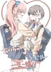  2girls absurdres bag bag_charm bandaid bang_dream! bang_dream!_it's_mygo!!!!! blue_bag blue_skirt blush brown_eyes charm_(object) chihaya_anon closed_eyes commentary_request fang grey_hair hand_on_own_arm highres kuromi leg_warmers long_hair multiple_girls open_mouth pink_hair pink_shirt pleated_skirt ponytail sanrio school_uniform scrunchie shirt short_hair shoulder_bag simple_background skirt suudori sweater_vest takamatsu_tomori white_background white_leg_warmers white_sweater_vest wrist_scrunchie 
