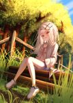  1girl absurdres blonde_hair camisole cardigan commentary denim denim_shorts english_commentary forest full_body gakuen_idolmaster grass hair_ornament head_tilt highres idolmaster long_sleeves looking_at_viewer nature orange_eyes outdoors shinosawa_hiro shorts sitting sunlight user_apeg8484 white_camisole 
