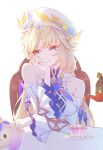  1girl 2kashun bare_shoulders beret blonde_hair blue_eyes breasts commentary_request cross-shaped_pupils cup detached_sleeves dress facial_mark forehead_mark genshin_impact hat head_on_hand highres long_hair medium_breasts nicole_(genshin_impact) pointy_ears simple_background sitting smile solo symbol-shaped_pupils teacup upper_body white_background white_dress white_hat white_sleeves 