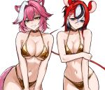  2girls absurdres animal_ears bare_shoulders bikini black_hair blush breasts choker cleavage closed_mouth collarbone commentary english_commentary eyeshadow gold_bikini gold_choker grin hair_intakes hakos_baelz highres hololive hololive_english large_breasts looking_at_viewer makeup medium_breasts medium_hair mouse_ears mouse_girl mouse_tail multicolored_hair multiple_girls navel panther_ears panther_girl panther_tail pink_hair pink_tail purple_eyes raora_panthera red_eyeshadow red_hair red_tail simple_background smile stomach streaked_hair swimsuit tail teeth thighs ttsyrene two-tone_hair virtual_youtuber white_background white_hair yellow_eyes 