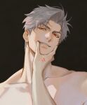  1boy 1girl 1o8k anger_vein black_background broad_shoulders collarbone commentary curtained_hair english_commentary grey_hair grin hand_on_another's_chin head_tilt looking_at_viewer love_and_deepspace male_focus nude out_of_frame parted_hair pov pov_hands protagonist_(love_and_deepspace) red_eyes short_hair simple_background smile smirk solo_focus sylus_(love_and_deepspace) 
