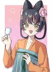  1girl chinese_clothes commentary_request cup eyeshadow flower hair_flower hair_horns hair_ornament hair_rings hanfu high-waist_skirt highres holding holding_cup kuroussa long_skirt looking_at_viewer makeup open_mouth orange_hanfu original personification print_skirt red_eyeshadow skirt tang_dynasty_(kuroussa) upper_body 