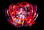  1girl axe battle_axe blue_eyes breasts clothing_cutout commentary_request detached_collar double-sided_axe dress eden's_ritter_grenze frilled_thigh_strap high_heels highres hip_vent huge_breasts long_hair looking_at_viewer navel navel_cutout open_mouth pink_dress pink_hair ryunon_(eden's_ritter) sakuya_tsuitachi solo strapless strapless_dress thigh_strap veil weapon 