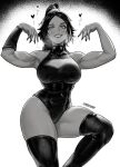  1girl abs absurdres arm_guards artist_name biceps black_nails bleach blush commentary english_commentary eyeshadow grin heart heavy_breathing highleg highleg_leotard highres leotard looking_at_viewer makeup monochrome muscular muscular_female ponytail shihouin_yoruichi skindentation smile solo standing standing_on_one_leg strapless strapless_leotard thick_thighs thighhighs thighs thojad 