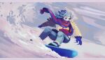  1boy blue_boots blue_hair blue_mittens blue_pants blue_scarf boots commentary_request day floating_hair floating_scarf grusha_(pokemon) highres jacket long_sleeves male_focus medium_hair mittens outdoors pants pokemon pokemon_scarlet_and_violet scarf shigure_(pkmn12261485) snow snowboard snowboarding solo squatting striped_clothes striped_scarf yellow_jacket 