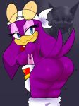 anthro areola avian beak bent_over big_breasts big_butt bird blue_eyes bottomwear bottomwear_down breasts butt clothed clothing eyelashes eyewear eyewear_on_head feathers female gloves handwear hi_res hirundinid kerchief looking_at_viewer mschaox6 nipples oscine pants pants_down partially_clothed passerine purple_areola purple_body purple_feathers purple_nipples sega solo sonic_riders sonic_the_hedgehog_(series) sunglasses sunglasses_on_head swallow_(bird) tail tail_feathers thick_thighs wave_the_swallow wearing_sunglasses white_bottomwear white_clothing white_gloves white_handwear white_pants wide_hips