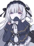  1girl bare_shoulders blue_hairband bow commentary_request dress frilled_dress frilled_hairband frilled_sleeves frills gothic_lolita hair_over_one_eye hairband highres lolita_fashion lolita_hairband long_hair long_sleeves looking_at_viewer mahou_shoujo_no_majo_saiban mumesan2 natsume_an-an off-shoulder_dress off_shoulder polka_dot polka_dot_bow purple_eyes simple_background sleeve_bow sleeves_past_fingers sleeves_past_wrists smug solo stuffed_animal stuffed_sheep stuffed_toy white_background white_hair wide_sleeves 