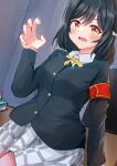  1girl absurdres armband black_hair black_jacket blush book claw_pose commentary_request desk highres indoors jacket long_sleeves looking_at_viewer love_live! love_live!_nijigasaki_high_school_idol_club medium_hair mifune_shioriko miniskirt neck_ribbon nijigasaki_school_uniform noseru on_desk open_mouth partial_commentary red_armband red_eyes ribbon school_uniform shirt skirt solo table white_shirt white_skirt winter_uniform yellow_ribbon 