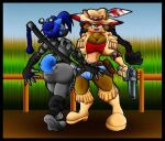 2010 akita anthro belt big_breasts black_hair blue_body blue_fur blue_hair bottomwear breasts bullet canid canine canis clothing coyote crop_top digital_media_(artwork) domestic_dog duo female fence fur gloves gun hair handwear holster huge_breasts jacket june_coyote katana katana-mai mammal melee_weapon multicolored_body multicolored_fur navel ninja ranged_weapon shirt shorts spitz sword thick_thighs topwear two_tone_body two_tone_fur virus-20 warrior weapon