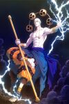  1boy abs anklet bandana blue_sash closed_mouth commentary drum electricity enel full_body highres holding holding_staff instrument jewelry karpovakseni long_earlobes male_focus one_piece pants sash smile solo staff topless_male twitter_username white_bandana 