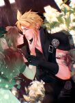  1boy 1girl absurdres aircraft airplane arm_up armor black_cape black_gloves black_vest blonde_hair bluesky_username braid braided_ponytail brown_hair cape church cloud_strife commentary couple dress earrings english_commentary fenrir_(final_fantasy) final_fantasy final_fantasy_vii final_fantasy_vii:_advent_children flower ghost gloves gold_bangle hair_ribbon hetero highres holding_another's_wrist instagram_username jacket jewelry lily_(flower) looking_at_another parted_bangs parted_lips pauldrons pink_dress pink_ribbon red_jacket ribbed_vest ribbon short_hair shoulder_armor sidelocks single_braid single_earring single_pauldron sophanova spiked_hair twitter_username vest waist_cape white_flower wooden_floor 