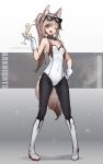  1girl animal_ear_fluff animal_ears arknights asicah bare_shoulders black_collar black_pantyhose boots breasts brown_hair cardigan_(arknights) character_name collar commentary covered_navel cup dog_ears dog_girl dog_tail drinking_glass eyewear_on_head fang food fruit full_body gloves goggles goggles_on_head hand_on_own_hip holding holding_cup knee_boots lemon leotard long_hair looking_at_viewer multicolored_hair one_eye_closed open_mouth pantyhose pigeon-toed pixel_sunglasses ponytail purple_eyes small_breasts smile solo standing strapless strapless_leotard sunglasses tail white_boots white_gloves white_leotard 