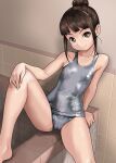  1girl bangs black_hair blunt_bangs breasts brown_eyes commentary_request highres looking_at_viewer old_school_swimsuit one-piece_swimsuit original rohitsuka school_swimsuit short_hair sidelocks silver_one-piece_swimsuit sitting small_breasts solo swimsuit tile_wall tiles 