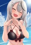  1girl :d absurdres bikini black_bikini black_streaks blue_sky blush breasts cleavage closed_eyes cloud collarbone commentary_request day facing_viewer fang grey_hair hair_between_eyes hair_ornament hairclip hands_up happy heart heart_hands highres hololive large_breasts long_hair multicolored_hair ocean open_mouth outdoors ramkilog sakamata_chloe sky smile solo streaked_hair sun swimsuit upper_body virtual_youtuber water x_hair_ornament 