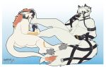  2boys abs animal_ears artist_name ass bara black_gloves chest_strap claws closed_mouth colored_tips commentary completely_nude convenient_leg dated dragon_boy dragon_ears dragon_horns dragon_tail english_commentary eyepatch fangs fingerless_gloves furry furry_male gloves highres horns licking licking_foot ligoniblack looking_at_another male_focus multicolored_hair multiple_boys muscular muscular_male nude one_eye_covered open_mouth original pawpads pectorals signature smile tail tail_belt tongue tongue_out von_lycaon wolf_boy wolf_ears wolf_tail zenless_zone_zero 