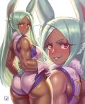  1girl animal_ear_fluff animal_ears artist_logo ass biceps blush boku_no_hero_academia breasts commentary cowboy_shot crescent_print dark-skinned_female dark_skin evanleaves from_behind fur_collar gloves grey_hair grin highres large_breasts leotard logo long_eyelashes long_hair looking_at_viewer mirko multiple_views muscular muscular_female parted_bangs rabbit_ears rabbit_girl rabbit_tail red_eyes smile standing superhero_costume tail tail_through_clothes untranslatable_commentary v-shaped_eyebrows very_long_hair white_gloves white_leotard 