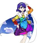  1girl arm_up blending blue_eyes blue_hair cape cloud cloudy_sky commentary dress hairband highres multicolored_dress multicolored_hairband open_mouth patchwork_clothes rainbow_gradient rope_nw simple_background sky solo standing tenkyuu_chimata tenkyuu_chimata_pose touhou white_background white_cape 
