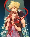  1boy 1girl absurdres aerith_gainsborough armor blonde_hair bracelet brown_gloves brown_hair ceresria closed_eyes closed_mouth cloud_strife commentary commission couple dress english_commentary final_fantasy final_fantasy_vii final_fantasy_vii_remake flower gloves hair_ribbon hetero highres hug hug_from_behind jacket jewelry lily_(flower) multiple_bracelets parted_bangs pauldrons pink_dress pink_ribbon red_jacket red_ribbon ribbon short_hair shoulder_armor sidelocks single_pauldron smile spiked_hair 