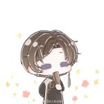  1boy arm_behind_back black_hanfu brown_hair chibi chinese_clothes chinese_commentary commentary_request covered_mouth cowboy_shot earrings fan_to_mouth flower folded_fan folding_fan hand_fan hanfu holding holding_fan jewelry light_blush long_sleeves looking_ahead male_focus nikki_(series) pink_flower purple_eyes qin_yi_(shining_nikki) shining_nikki short_hair simple_background single_earring solid_oval_eyes solo sparkle standing tassel tassel_earrings watermark weibo_watermark white_background xiaoyu_qixing 