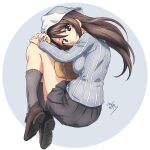  1girl blush breasts brown_eyes brown_hair closed_mouth commentary_request erakin girls_und_panzer grey_socks highres instrument kantele keizoku_school_uniform large_breasts long_hair looking_at_viewer mika_(girls_und_panzer) school_uniform smile socks solo tulip_hat 