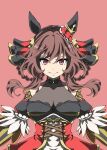  1girl animal_ears bare_shoulders braid braided_hair_rings breasts brown_hair cleavage closed_mouth corset detached_sleeves dress ear_covers ear_ornament gentildonna_(regina_dei_fiori)_(umamusume) gentildonna_(umamusume) hair_between_eyes hair_ornament hair_rings heart-shaped_ornament heart_ear_ornament highres horse_ears horse_girl large_breasts long_hair looking_at_viewer red_corset red_eyes see-through_cleavage see-through_clothes simple_background smile solo umamusume zukki_(bijitaru) 