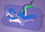  2015 anthro bedroom_eyes belly biped blue_anole blue_body blue_skin breast_grab breasts claws couch_sex cuddling dactyloid duo eliza_(vader-san) female female/female fish furniture genitals green_tail hand_on_breast high-angle_view licking lizard lying marine narrowed_eyes non-mammal_breasts nude on_side orange_eyes purple_background pussy reptile scalie seductive sex shark simple_background smile sofa spooning striped_body stripes tail tongue tongue_out vader-san white_belly 