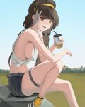  1girl absurdres bare_arms bare_shoulders beret black_hair blue_sky bow breasts clear_sky commentary crop_top cup dot_nose drink drinking_glass drinking_straw english_commentary garter_belt girls'_frontline girls'_frontline_2:_exilium hair_bow hat heterochromia highres holding holding_cup holding_drink knee_up large_breasts long_hair looking_at_viewer mountainous_horizon multicolored_hair outdoors red_eyes ro635_(girls'_frontline) robella_(girls'_frontline_2) rock shirt shoes shorts sideboob sitting sky smile sneakers socks solo streaked_hair teeth thighs tied_shirt turning_head twintails upper_teeth_only very_long_hair white_hair white_streaks yellow_eyes yellow_socks yuuriy 