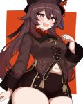  1girl black_hat black_shorts border breasts brown_coat brown_hair coat commentary cowboy_shot genshin_impact guimao1689761 hat highres hu_tao_(genshin_impact) long_hair long_sleeves navel open_mouth outside_border red_background red_eyes short_shorts shorts small_breasts smile solo star-shaped_pupils star_(symbol) symbol-shaped_pupils teeth untranslatable_commentary upper_teeth_only white_border 