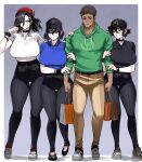  1boy 3girls absurdres arm_hug bag baseball_cap belt black_belt black_choker black_hair black_nails black_pants black_shirt black_shoes blue_eyes blue_hair blue_shirt blush border bracelet breast_press breasts brown_hair brown_pants choker collared_shirt colored_inner_hair commentary_request commission contrapposto domino's_pizza double_arm_hug earrings employee_uniform frown full_body girl_sandwich green_eyes green_hair green_hoodie grey_background grin hair_between_eyes hair_over_one_eye hand_on_another's_shoulder hat high-waist_pants highres holding holding_bag hood hoodie huge_breasts jewelry kfc light_smile looking_at_another mcdonald's mole mole_under_eye mole_under_mouth multicolored_hair multiple_girls original outside_border pants polo_shirt red_eyes sandwiched shirt shoes short_hair short_hair_with_long_locks side_ponytail smile sneakers spanish_commentary spiked_bracelet spikes standing stud_earrings sweatband thick_thighs thigh_gap thighs vlizz white_border white_shirt white_shoes 