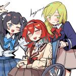  3girls :d ;d ^_^ aged_down belle_(honkai:_star_rail) black_hair blonde_hair bow closed_eyes commentary_request fulwish_(honkai:_star_rail) graphia_academy_school_uniform hair_between_eyes headband himeko_(honkai:_star_rail) himeko_(young)_(honkai:_star_rail) honkai:_star_rail honkai_(series) jacket kaka371807 light_smile long_hair medium_hair multiple_girls neckerchief official_alternate_costume one_eye_closed red_hair school_uniform signature skirt smile teeth twintails upper_teeth_only wheelchair 