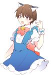  1boy animal_ears bell blue_dress blush bow bowtie brown_hair cat_ears commentary_request crossdressing crossdressing_(mtf) dress fake_animal_ears frilled_dress frilled_wrist_cuffs frills higurashi_no_naku_koro_ni jingle_bell looking_at_viewer male_focus open_mouth pinafore_dress pink_bow pink_bowtie purple_eyes shirt short_sleeves sleeveless sleeveless_dress solo suzuragi_karin white_shirt wrist_cuffs 