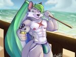 absurd_res alcohol anthro arm_tattoo barely_visible_genitalia beach beer beverage black_ears black_nose bulge canid canine canis character_name chest_scar clothing eye_scar facial_scar fangs flag genitals green_hair grey_body gym hair hi_res jockstrap lgbt lgbt_pride lgbt_pride_month long_tail male mammal muscular muscular_male neck_tattoo pride_color_flag pride_colors scar scarth_bonnie solo tail tattoo teeth text underwear vincian_pride_colors wolf yellow_eyes