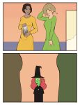 2025 absurd_res ambiguous_gender black_clothing black_dress black_hat black_headwear blush blush_lines bonnymama7 brown_eyes brown_hair clothed clothed_ambiguous clothed_female clothed_human clothed_humanoid clothing comic digital_drawing_(artwork) digital_media_(artwork) dress elphaba_(bonnymama7) eye_contact female female_(lore) front_view fully_clothed fully_clothed_ambiguous fully_clothed_female fully_clothed_human fully_clothed_humanoid green_body green_clothing green_dress group hair half-length_portrait hat headgear headwear hi_res holding_object human humanoid humanoid_pointy_ears looking_at_another mammal medium_comic open_mouth pointy_ears portrait pose red_hair shocked three-quarter_portrait trio wide_eyed witch_hat yellow_clothing yellow_dress