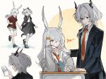  2girls absurdres aged_down alternate_hair_length_(longer) alternate_universe animal_ear_fluff animal_ears arknights black_jacket black_skirt breasts cellphone cheek_poking collared_shirt commentary cowboy_shot desk dragon_girl dragon_horns frostnova_(arknights) grey_eyes grey_hair grey_shorts hair_ornament hair_over_one_eye hairclip head_rest highres holding holding_hands holding_phone horns jacket lapel_pin lapels long_hair long_sleeves multiple_girls multiple_views necktie one_eye_covered open_clothes open_jacket orange_necktie phone poking quanx70909457 rabbit_ears rabbit_girl red_shirt scar scar_on_face scar_on_nose school_uniform shirt short_hair shorts skirt smartphone tail talulah_(arknights) untranslatable_commentary video_call watch wristwatch 
