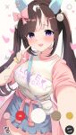  1girl :d absurdres animal_ears bag between_breasts blue_skirt bow braid breasts brown_hair clothes_around_waist commentary_request ear_bow ear_covers fake_screenshot finger_to_cheek heisei_retro hi_ch_mng highres hokko_tarumae_(umamusume) horse_ears horse_girl jacket jacket_around_waist jojifuku long_hair looking_at_viewer open_mouth pink_bow purple_eyes raglan_sleeves scrunchie selfie shirt skirt smile solo strap_between_breasts twin_braids umamusume white_bag white_hair white_shirt wrist_scrunchie yellow_scrunchie 