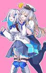  2girls absurdres animal_ears blonde_hair blue_thighhighs boots commentary_request dog_ears dog_girl dog_tail gloves grey_hair hat highres lize_helesta lize_helesta_(1st_costume) long_hair looking_at_viewer multicolored_hair multiple_girls nijisanji one_eye_closed open_mouth peaked_cap pink_background police police_uniform policewoman purple_eyes shioriha_ruri shioriha_ruri_(1st_costume) simple_background smile sunekos tail thighhighs thighs two-tone_hair virtual_youtuber white_boots white_gloves yellow_eyes yuri 