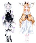  2girls anklet antlers artist_name bare_shoulders barefoot black_dress blonde_hair braid closed_eyes commentary_request crown dress flower foopy frilled_dress frilled_sleeves frills full_body hair_flower hair_on_horn hair_ornament highres horns jewelry layered_dress long_hair multicolored_shoes multiple_girls o-ring o-ring_thigh_strap off-shoulder_dress off_shoulder original puffy_sleeves purple_eyes short_hair signature simple_background solo thigh_strap two-tone_shoes very_long_hair white_background white_dress white_hair 