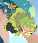  4boys abs arms_up blonde_hair blue_cape brown_hair cape chicoamariyo closed_mouth commentary curly_eyebrows english_commentary facial_hair fake_horns falling giant goatee goldberg_(one_piece) green_cape green_hair hajrudin helmet highres horned_helmet horns multiple_boys muscular muscular_male one_piece orange_cape orange_hair roronoa_zoro sanji_(one_piece) scar scar_across_eye scar_on_face shoulder_pads 
