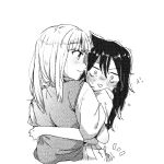  2girls bags_under_eyes blush breasts commentary greyscale hair_between_eyes hug katou_asuka kuroki_tomoko long_hair looking_at_another messy_hair mojyo monochrome multiple_girls notice_lines open_mouth pleated_skirt school_uniform shirt simple_background skirt smile sweat sweater_vest watashi_ga_motenai_no_wa_dou_kangaetemo_omaera_ga_warui! white_background yamonn yuri 